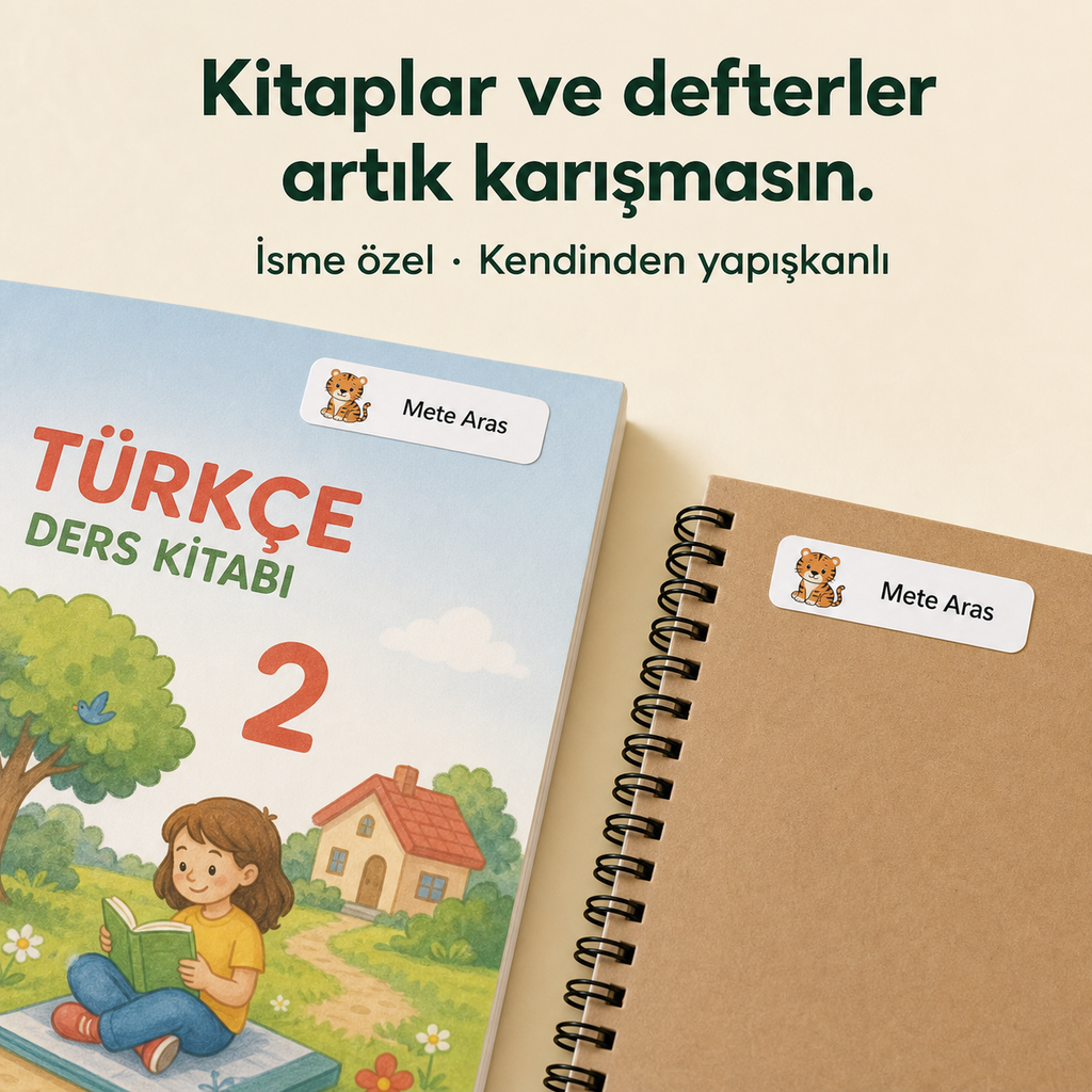 Kişiye özel kitap ve defter isim etiketi kullanım örneği
