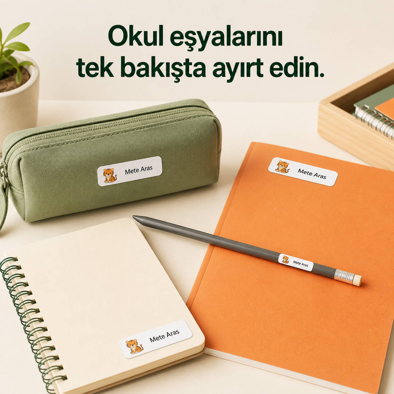 Kalem, kalem kutusu, dosya ve defter için kişiye özel Zupez isim etiketi