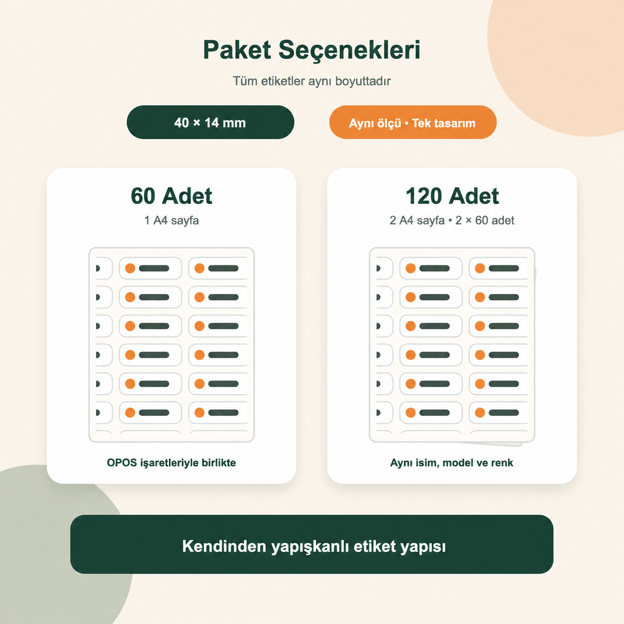 60 ve 120 adet 40 × 14 mm kişiye özel okul etiketi paket seçenekleri