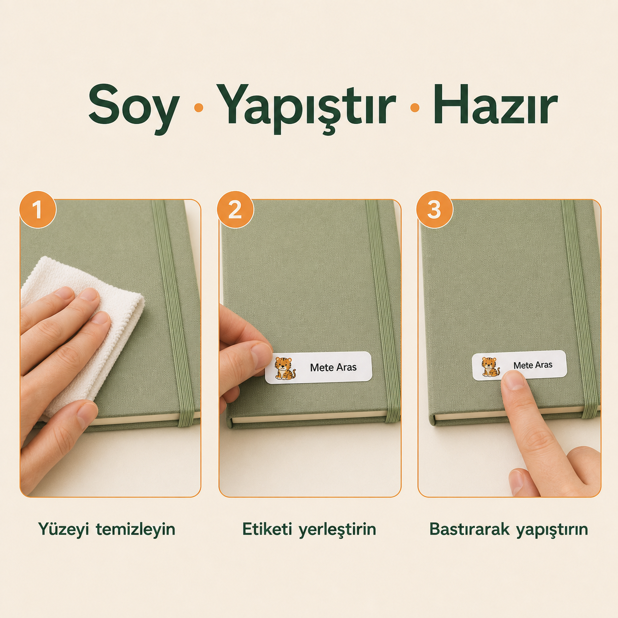 Kendinden yapışkanlı isim etiketi üç adımlı uygulama görseli
