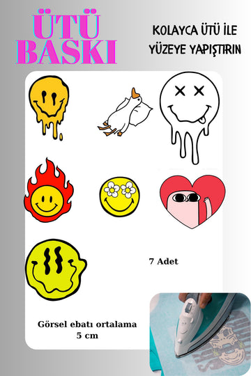 Ütü ile Yapışan Tekstil Transfer Dtf Baskı 7 Adet Yüz emojileri