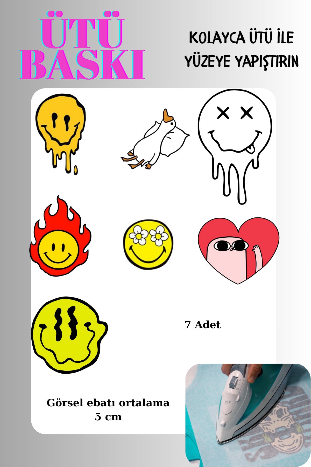 Ütü ile Yapışan Tekstil Transfer Dtf Baskı 7 Adet Yüz emojileri