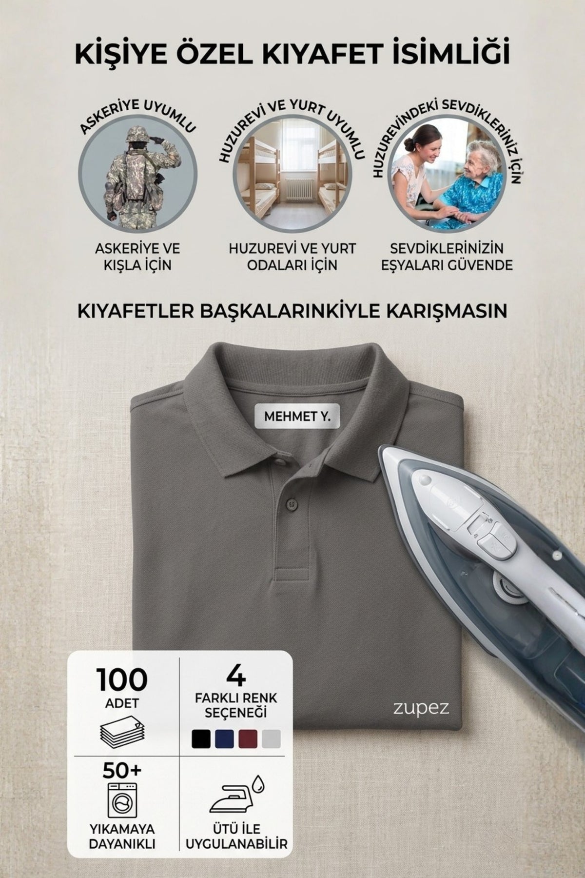 Eşya Karışmasını Önleyen Yıkanabilir Kıyafet İsimliği - Huzurevi, Askeriye ve Yurt Uyumlu (100 Adet)