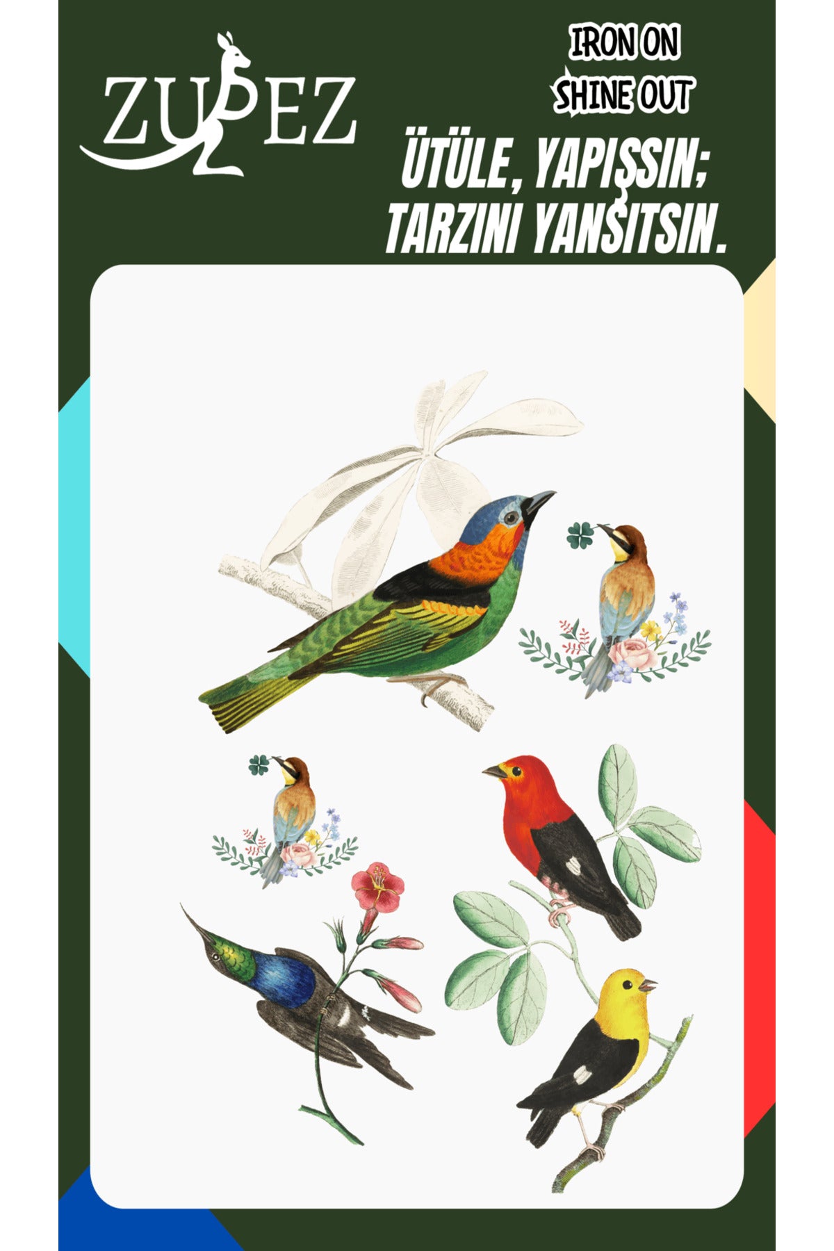 Renkli Kuşlar , Birds Ütü ile Yapışan Tişört Tekstil Transfer Dtf Baskı