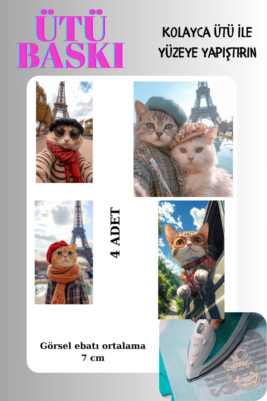 Ütü ile Yapışan Tekstil Transfer Dtf Baskı 4 Adet Kedi Portresi