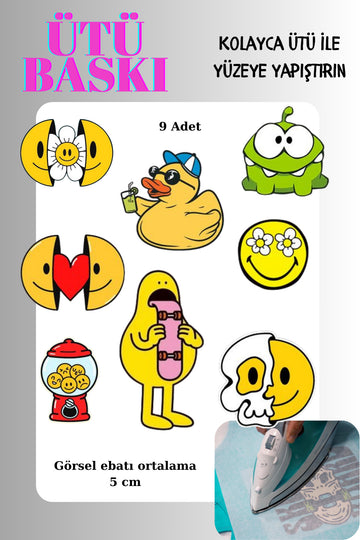 Ütü ile Yapışan Tekstil Transfer Dtf Baskı 9 Adet Emojiler
