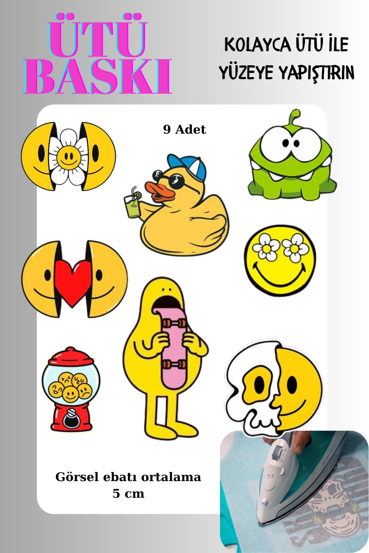 Ütü ile Yapışan Tekstil Transfer Dtf Baskı 9 Adet Emojiler