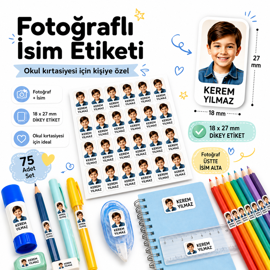 Çocuğun fotoğrafıyla hazırlanan kırtasiye etiketi