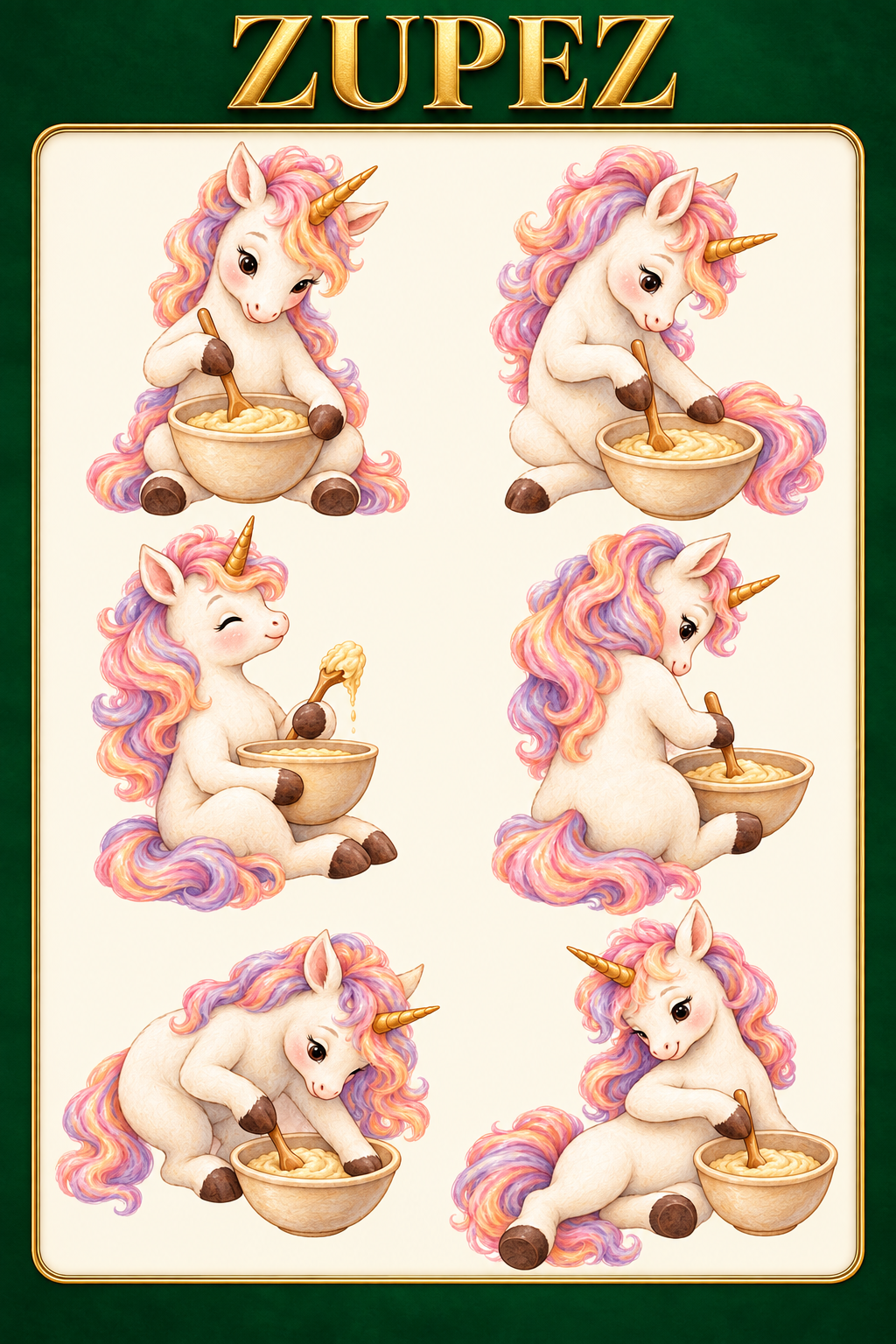 ZUPEZ Unicorn Fırın Günü – 6 Fiziksel DTF Transfer Sayfası, 36 Farklı Unicorn Motifi — tasarım 1