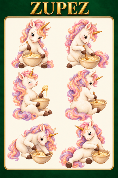 ZUPEZ Unicorn Fırın Günü – 6 Fiziksel DTF Transfer Sayfası, 36 Farklı Unicorn Motifi — tasarım 1