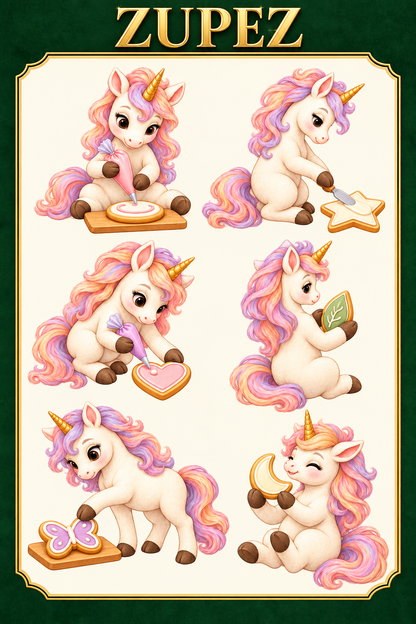 ZUPEZ Unicorn Fırın Günü – 6 Fiziksel DTF Transfer Sayfası, 36 Farklı Unicorn Motifi — tasarım 5