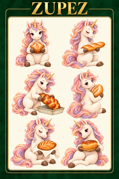 ZUPEZ Unicorn Fırın Günü – 6 Fiziksel DTF Transfer Sayfası, 36 Farklı Unicorn Motifi — tasarım 6
