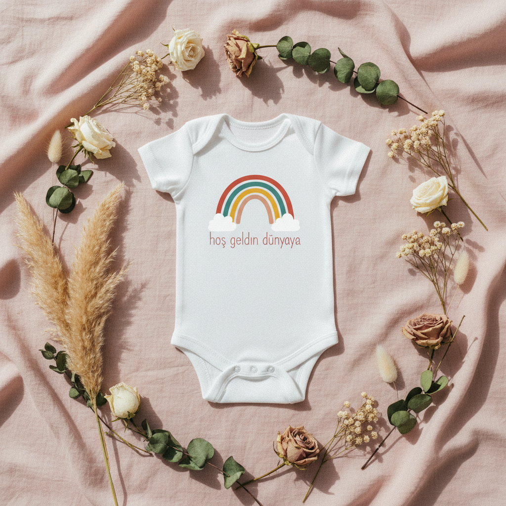 hoş geldin dünyaya – Baby Onesie Flat Lay