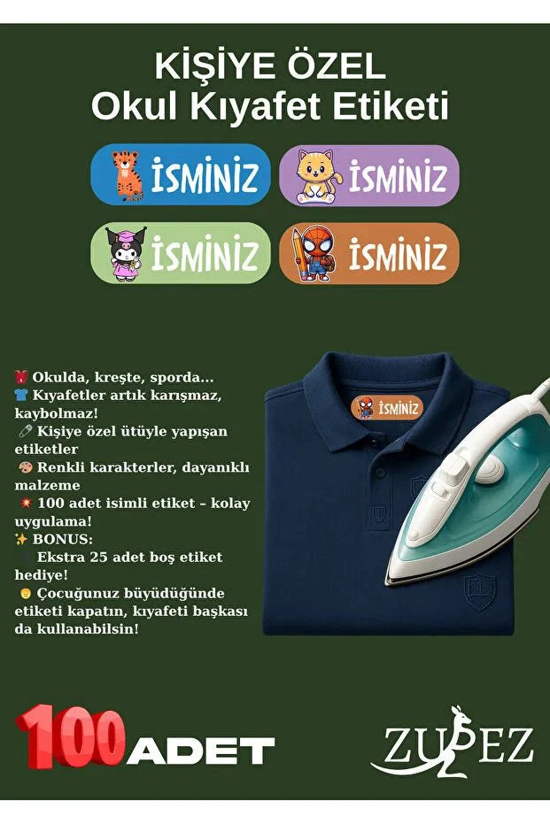 Kişiye Özel Ütüyle Yapışan Okul ve Kreş Kıyafet Etiketi - 100 Adet - Zupez