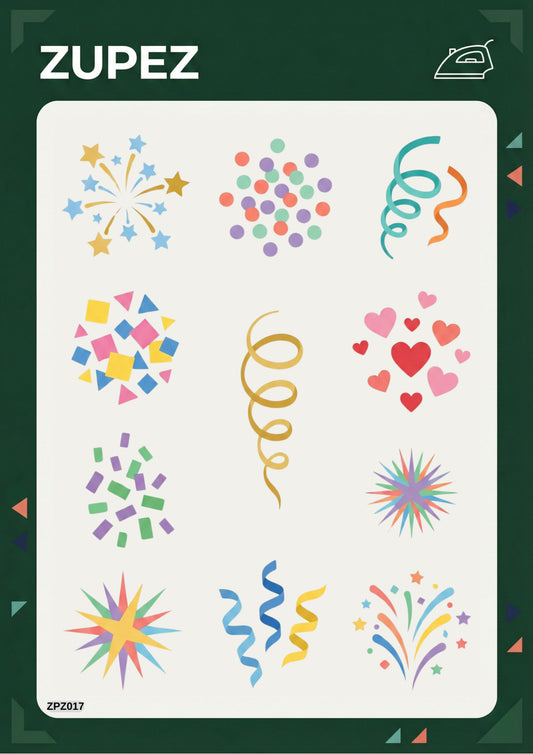 Zupez Premium Transfer Tasarım Seti, Ütüyle Uygulanabilir Kumaş Transfer, Parti ve Kutlama Temalı, Dekoratif Tekstil Baskı, Model ZPZ017