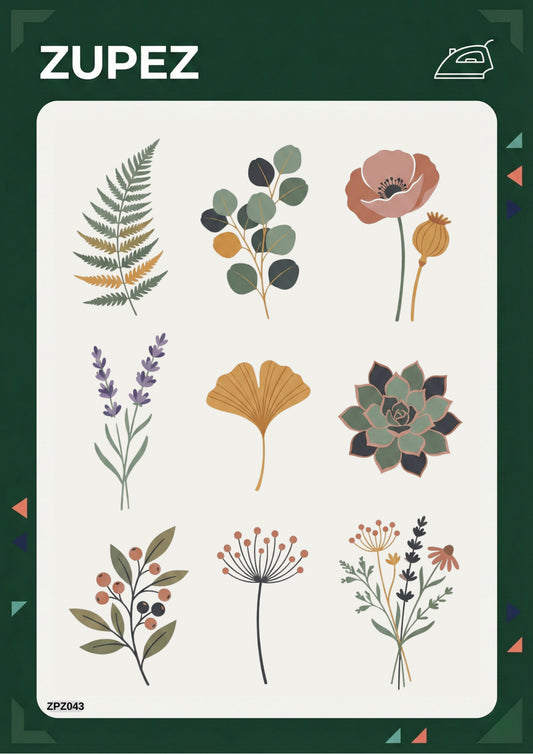 Zupez Botanik Çiçek Desenli Ütüyle Yapışan Transfer Baskı, Premium Tekstil Dekorasyon Tasarımı, Tişört Sweatshirt için Kumaş Transfer