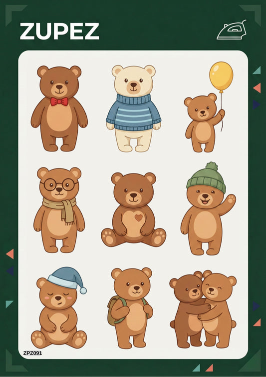 Zupez Ayıcık Temalı Ütüyle Uygulamalı Kumaş Transfer Tasarım, Premium Tekstil Dekoru, Çok Renkli