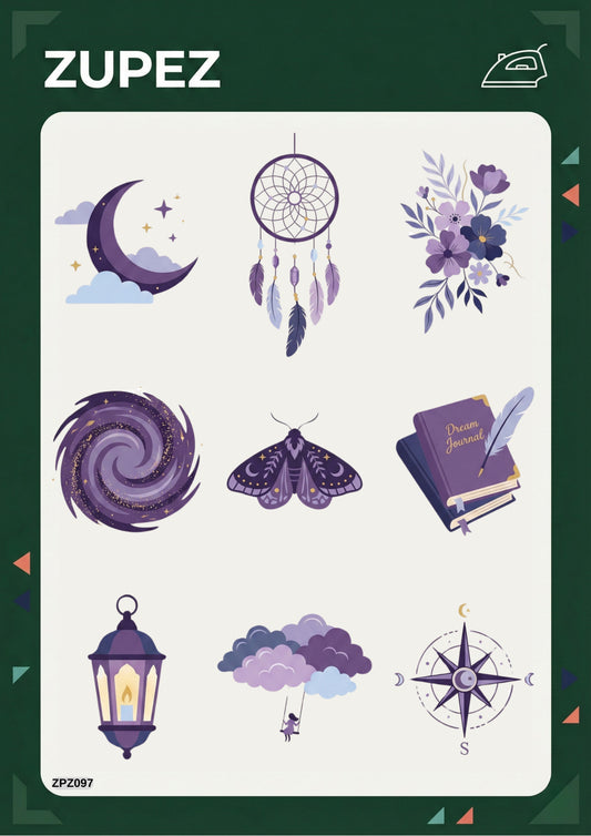 Zupez Ütüyle Uygulanabilir Transfer Tasarım Seti, Mor Tonlarda Ay Yıldız Dreamcatcher Pusula Desenli, Tekstil Dekorasyon