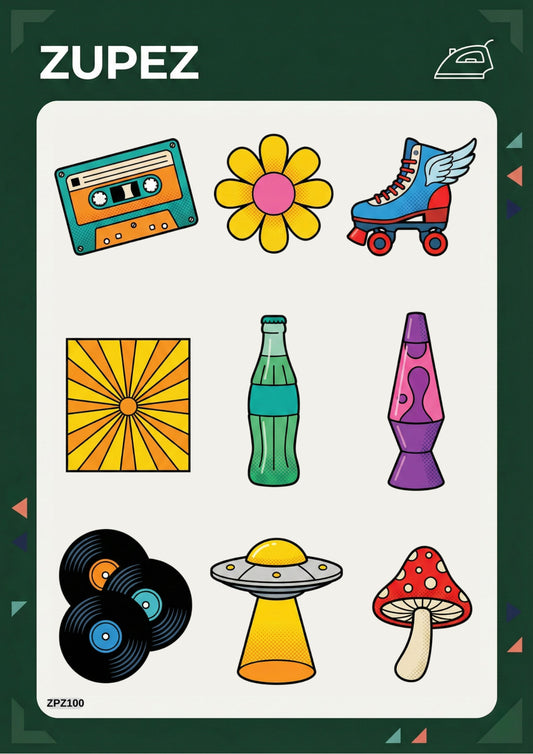 Zupez Retro Pop Ütü ile Uygulanabilir Transfer Tasarım Seti, Premium Kumaş Transfer Baskı, Dekoratif İllüstrasyon Koleksiyonu, Model ZPZ100