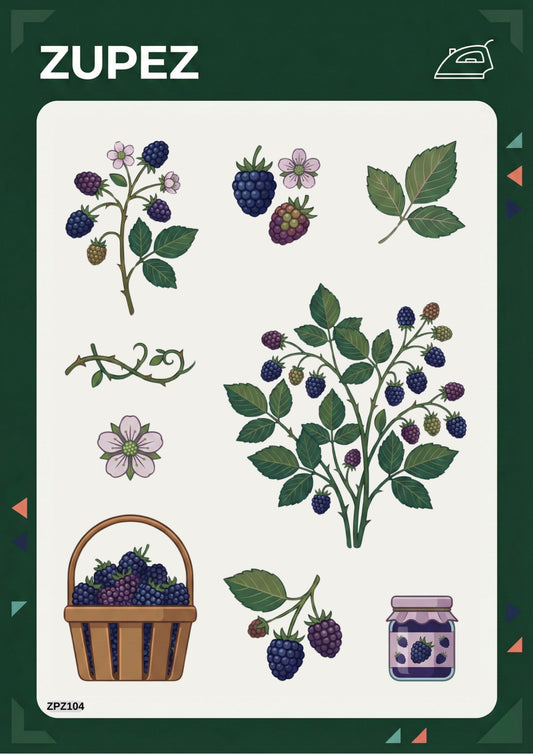 Zupez Böğürtlen Desenli Ütüyle Uygulamalı Transfer Tasarım, Tekstil Dekorasyon, Botanik Tema, Premium Kumaş Transfer