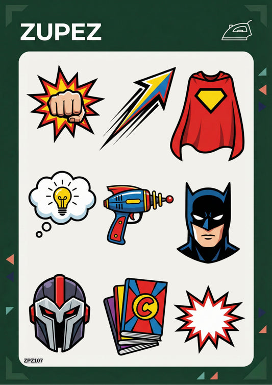 Zupez Süper Kahraman Temalı Ütüyle Uygulamalı Kumaş Transfer Tasarımı, Premium Dekoratif Baskı Seti