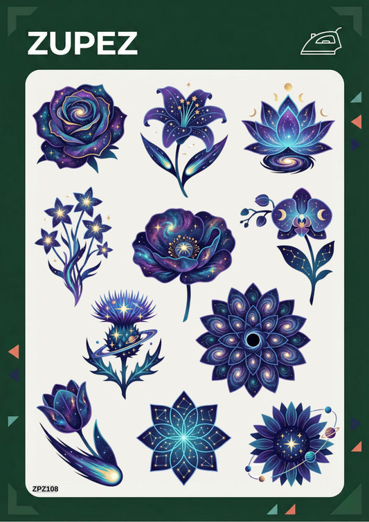 Zupez Galaksi Çiçek Desenli Ütüyle Uygulamalı Premium Transfer Tasarım, Tekstil Dekorasyon, Mor Mavi Tonları, Astroloji Temalı