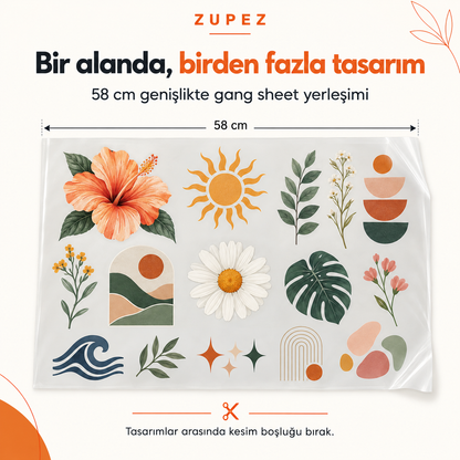 58 cm genişliğinde DTF gang sheet üzerinde farklı tasarımların kesim boşluklarıyla yerleşimini gösteren örnek.