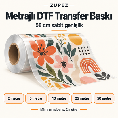 Zupez 58 cm metrajlı DTF transfer baskı; 2, 5, 10, 25 ve 50 metre seçeneklerini gösteren temsili baskı rulosu.
